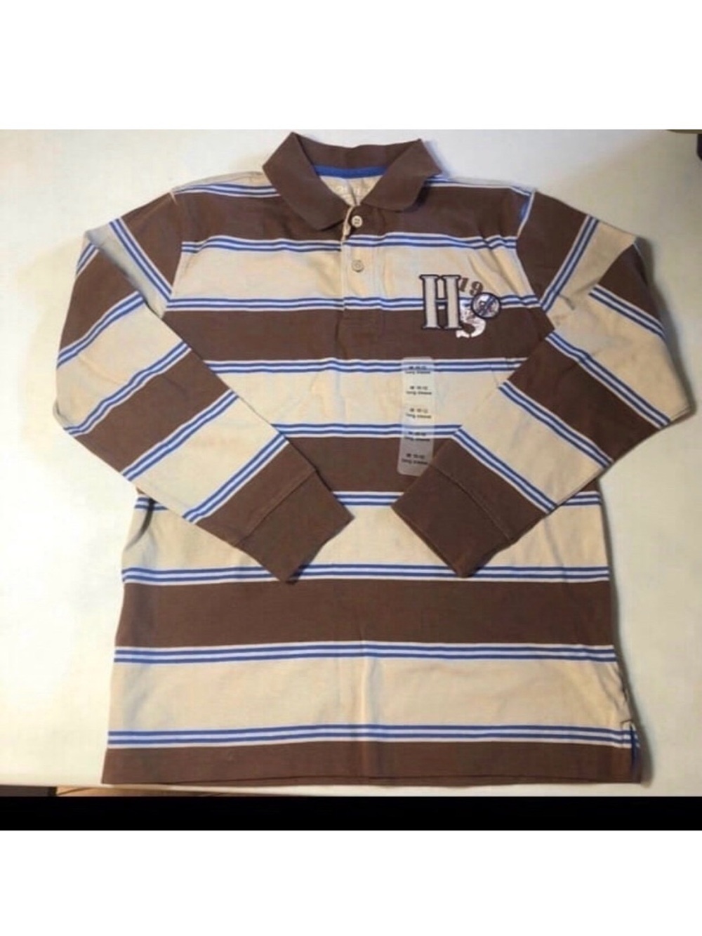 High Sierra Brown, Cream & Blue Striped Long-Sleeve Polo